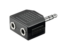 Headsetsplitter 3,5 mm sort adapter med 1x hanstik og 2x hunporte til lyd, uden synlige logoer eller emballage.