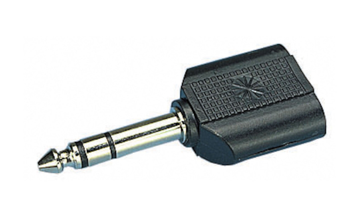 Lydadapter 2x 3,5 mm til 6,3 mm stereo sort med metalstik og rektangulært plastkabinet, passer til to 3,5 mm enheder.