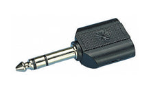 Lydadapter 2x 3,5 mm til 6,3 mm stereo sort med metalstik og rektangulært plastkabinet, passer til to 3,5 mm enheder.