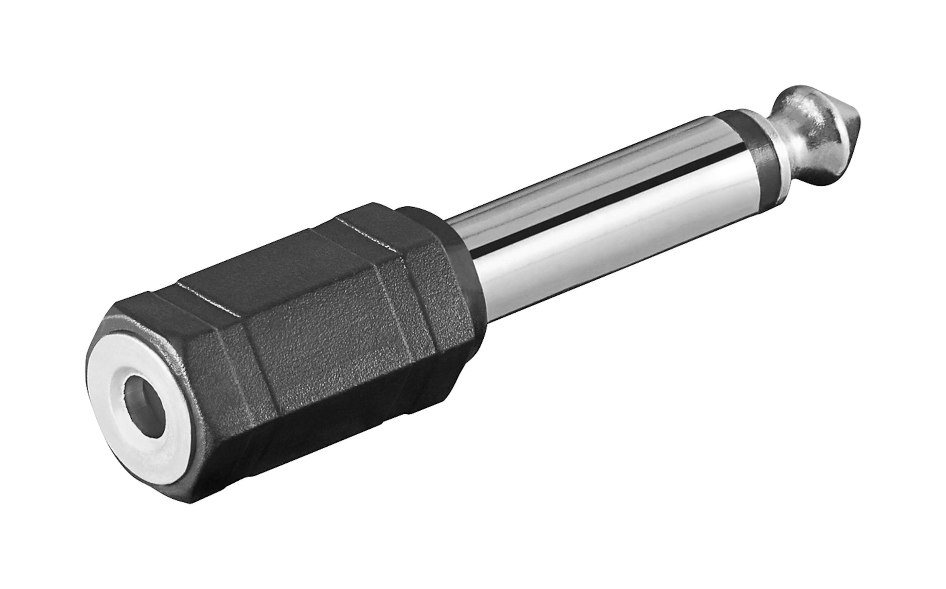 Luxorparts lydadapter 3,5 mm til 6,3 mm mono, sort og sølv stik til lydudstyr, close-up visning.