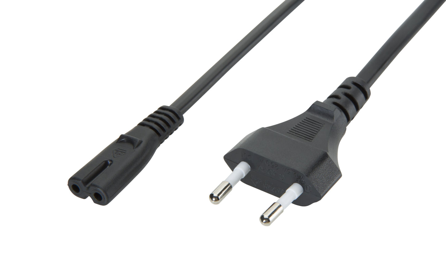 Apparatkabel C7 sort 3m med sort tobenet europakontakt stik og matchende C7 stik.