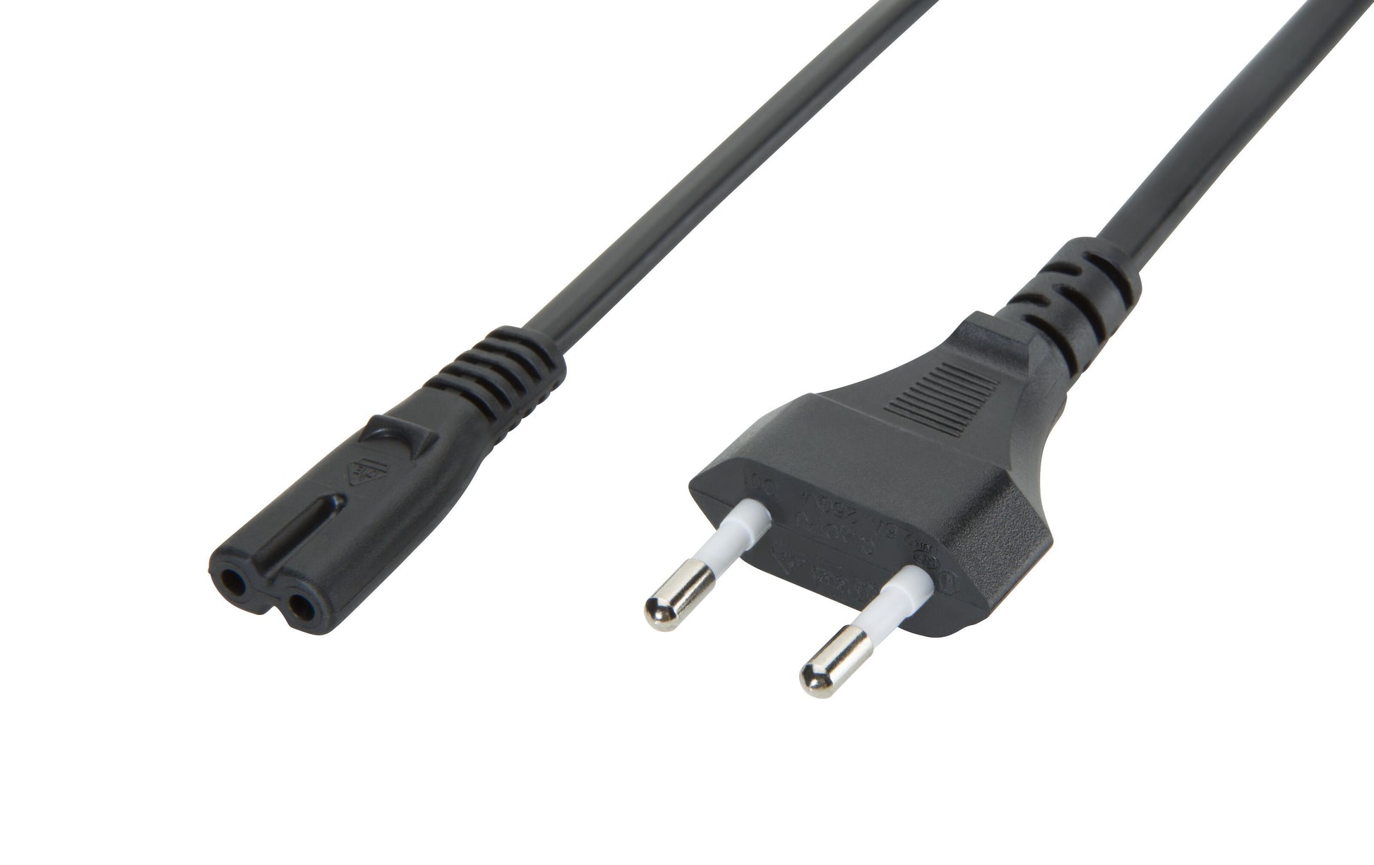 Apparatkabel C7 sort 3m med sort tobenet europakontakt stik og matchende C7 stik.