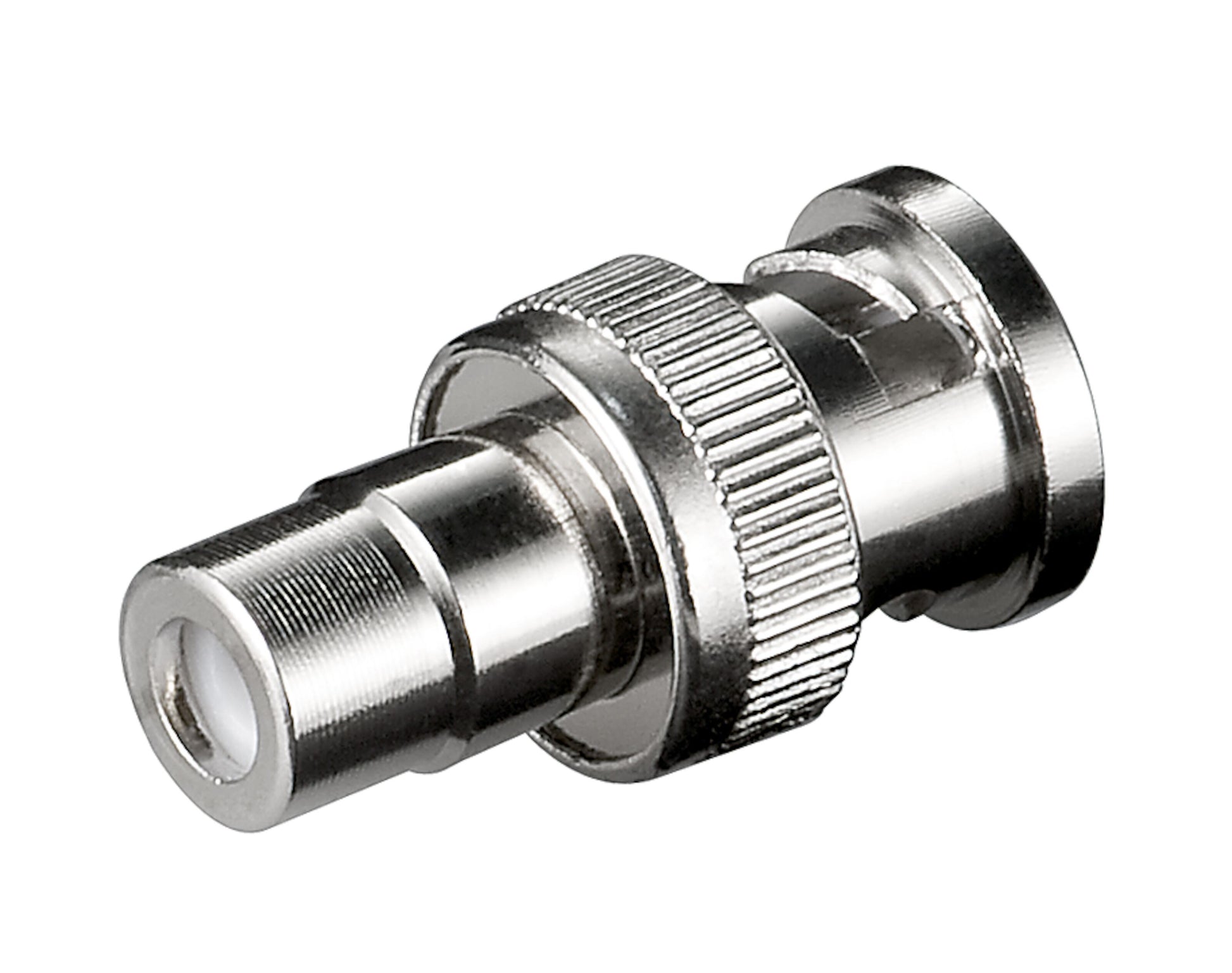 Goobay Adapter RCA hun til BNC han, sølvfarvet rifleteret greb og hvid isolator, vises i nærbillede.