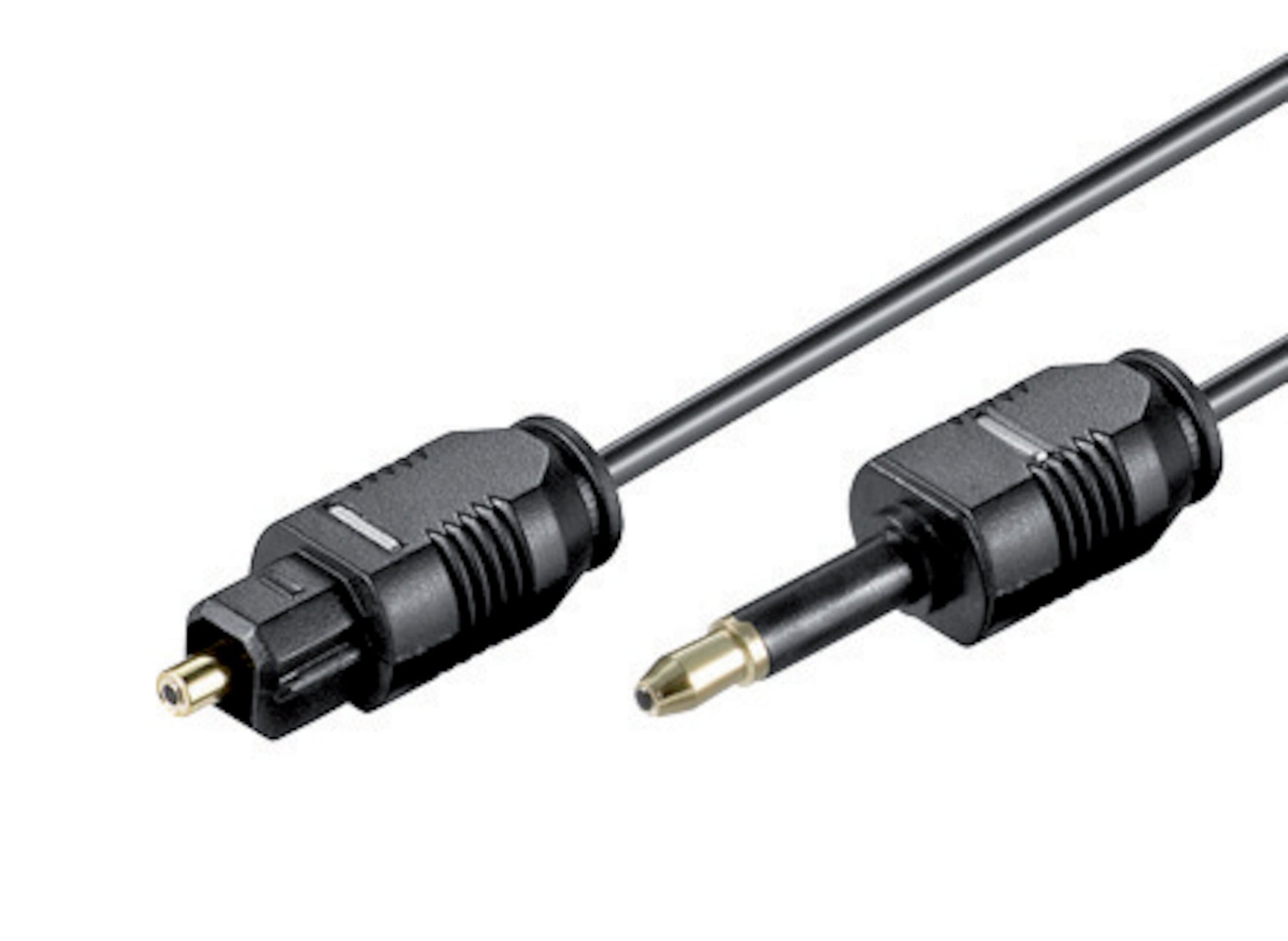 Luxorparts Mini-Toslink-kabel 1m sort med guldfarvede stik, Toslink i den ene ende og 3,5mm optisk SPDIF i den anden.