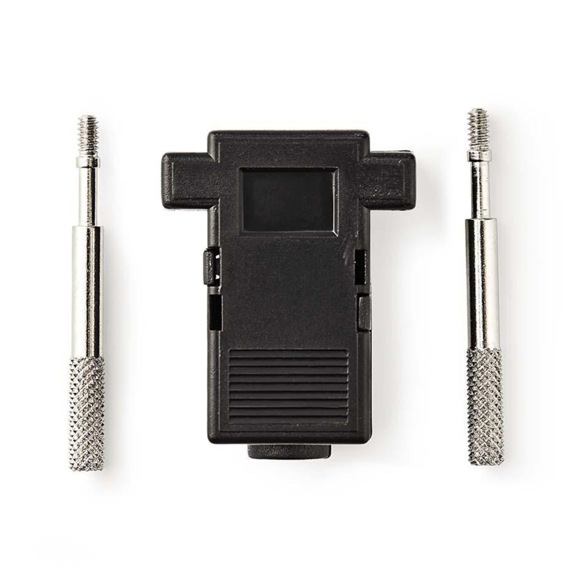 Sort D-Sub DB9/HD15 adapter, rektangulær med to sølvfarvede rillede skruer til loddebar forbindelse.