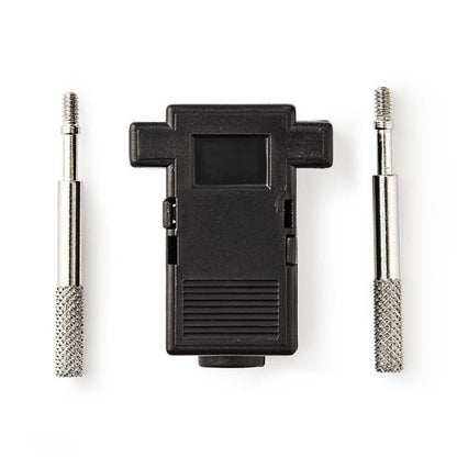 Sort D-Sub DB9/HD15 adapter, rektangulær med to sølvfarvede rillede skruer til loddebar forbindelse.
