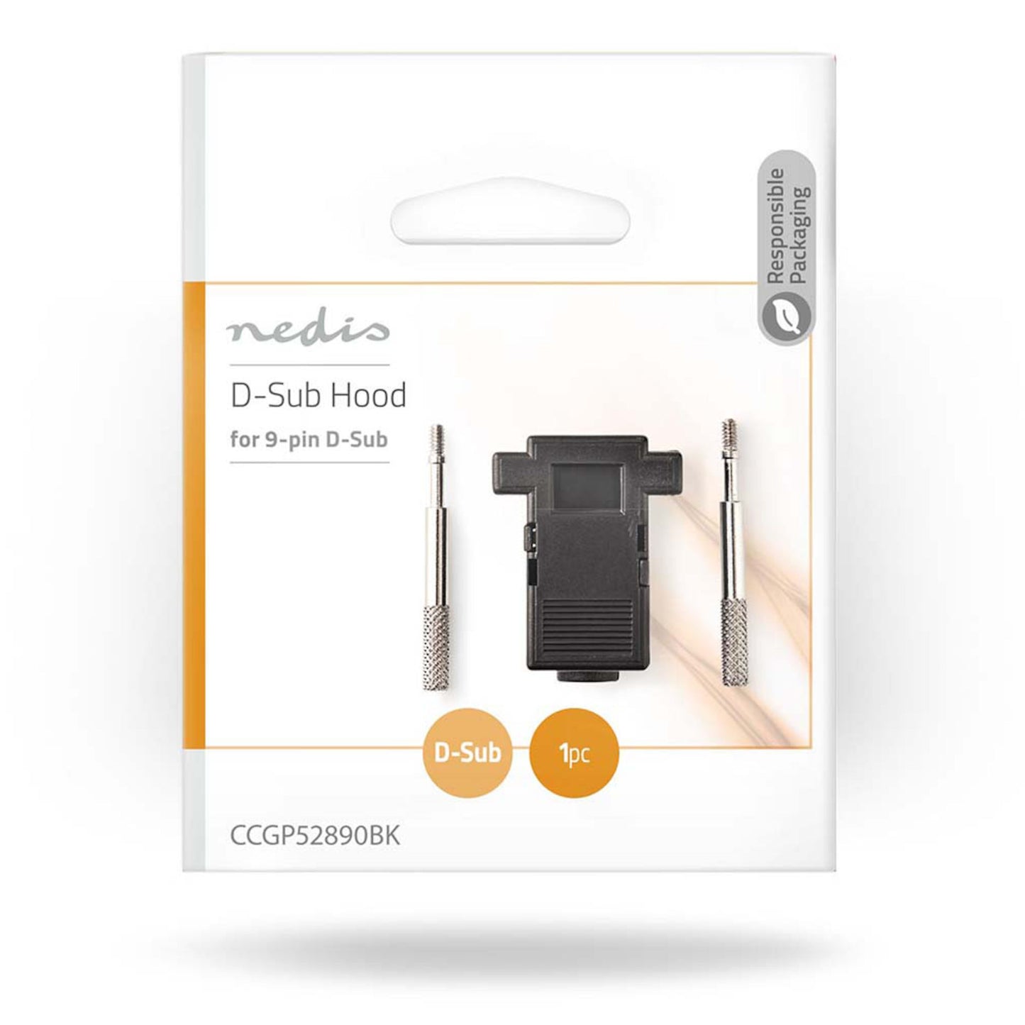 Wentronic D-Sub Hood til loddebar DB9/HD15, sort med to sølvskruer, orange detaljer og "D-Sub Hood, 1pc." på pakken.