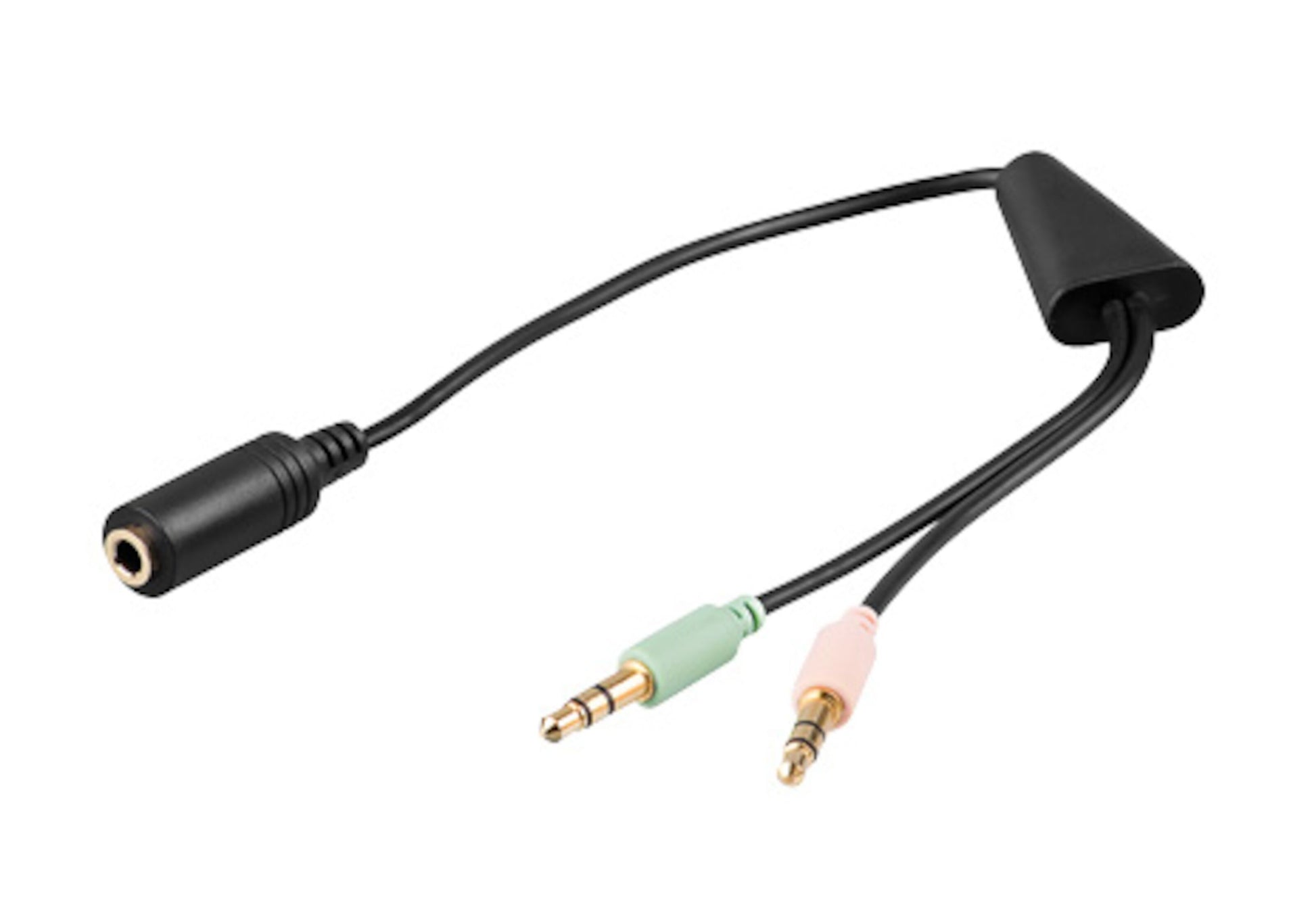 Computeradapter til mobilheadset sort lydsplitter med 1x hun 3,5mm jack og 2x han 3,5mm stik i grøn og pink.
