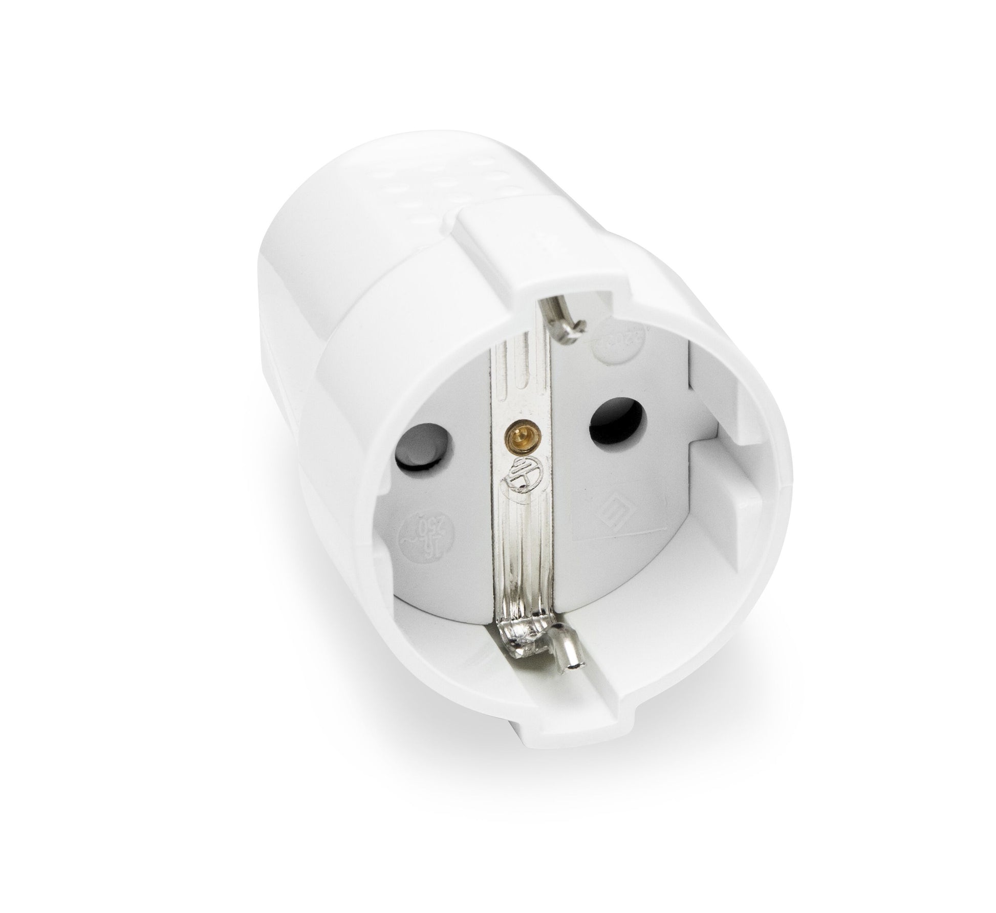 Luxorparts jordet stikprop, hvid adapter til ledningsmontering, front med to runde huller og integreret jordstik.