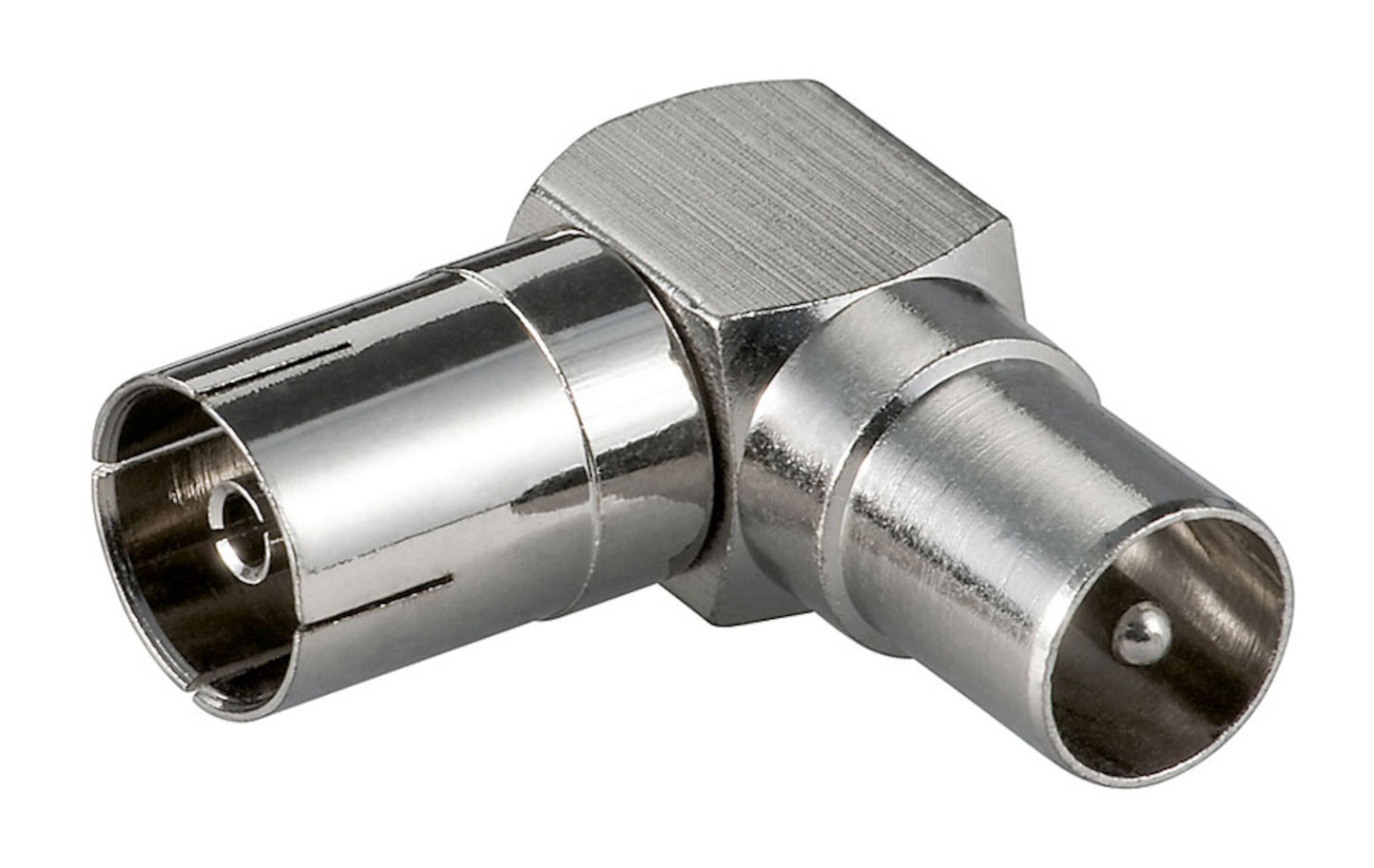 Vinkeladapter til antennekabel: En metal vinkeladapter med han- og hunstik til coaxial kabel, vist på hvid baggrund—perfekt til at optimere TV-forbindelser i trange rum.