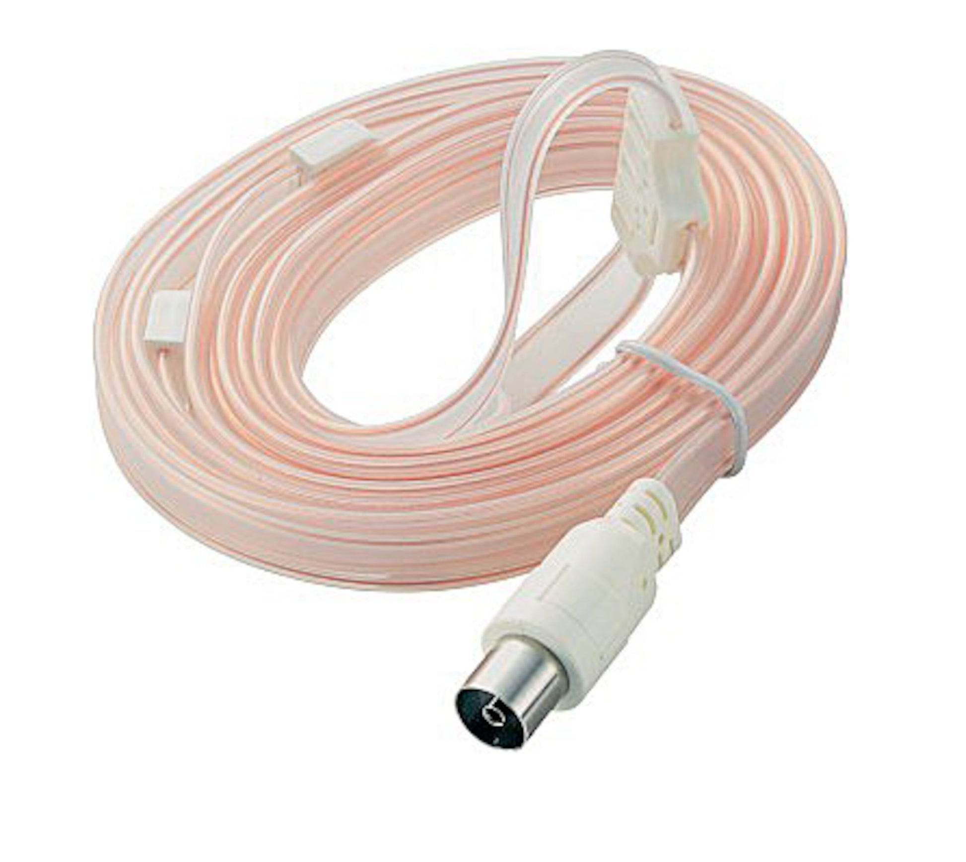 FM-antenne flad snoet koaksialkabel i transparent pink/hvid med IEC hanstik og hunstik, samlet med kabelbindere.