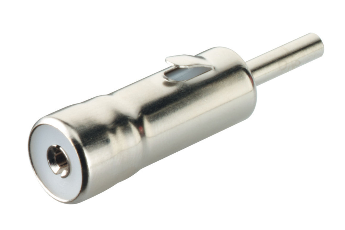 Antenneadapter DIN han til ISO hun, sølvfarvet, cylindrisk koaksial med metalstift og clips til bilradio.