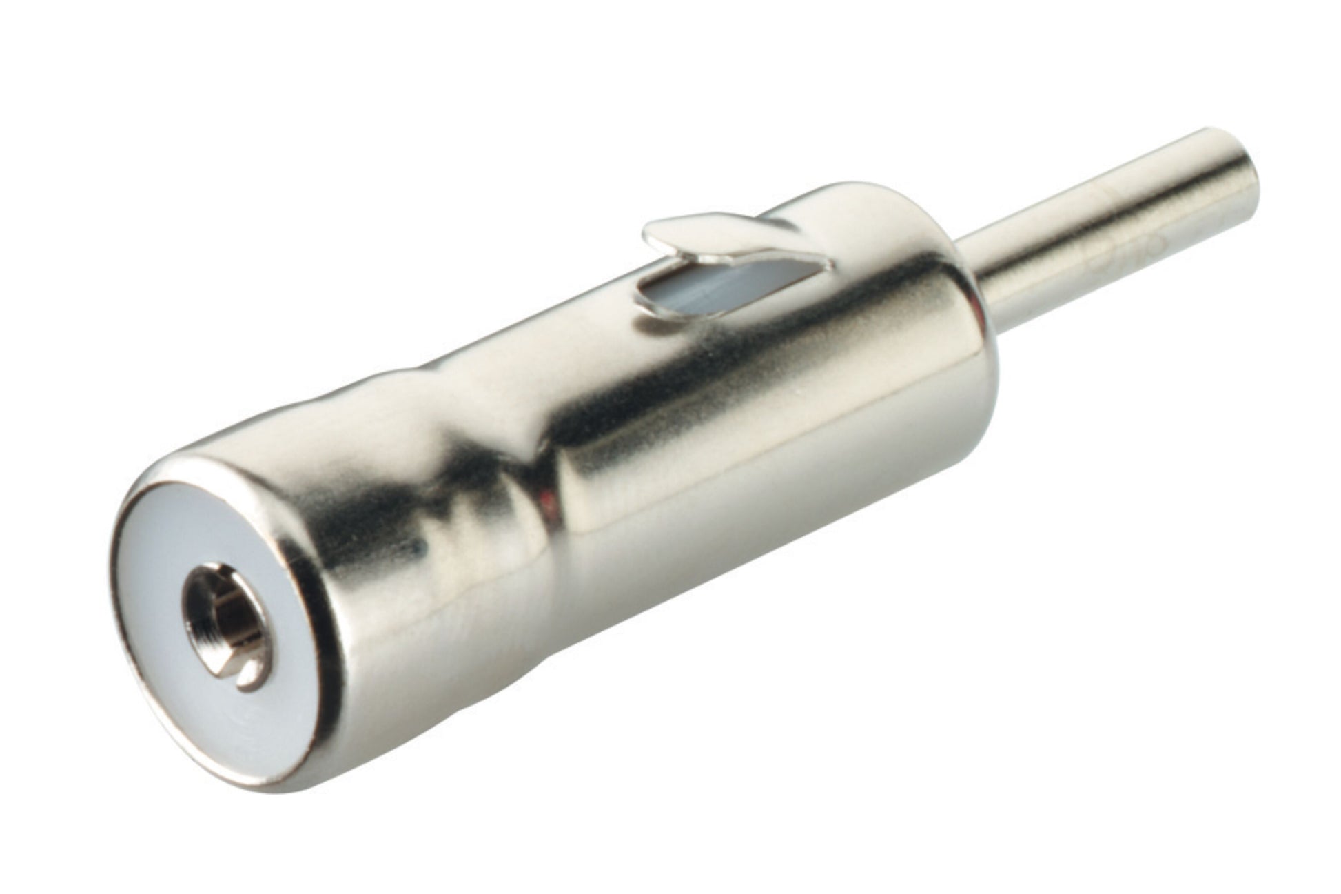 Antenneadapter DIN han til ISO hun, sølvfarvet, cylindrisk koaksial med metalstift og clips til bilradio.