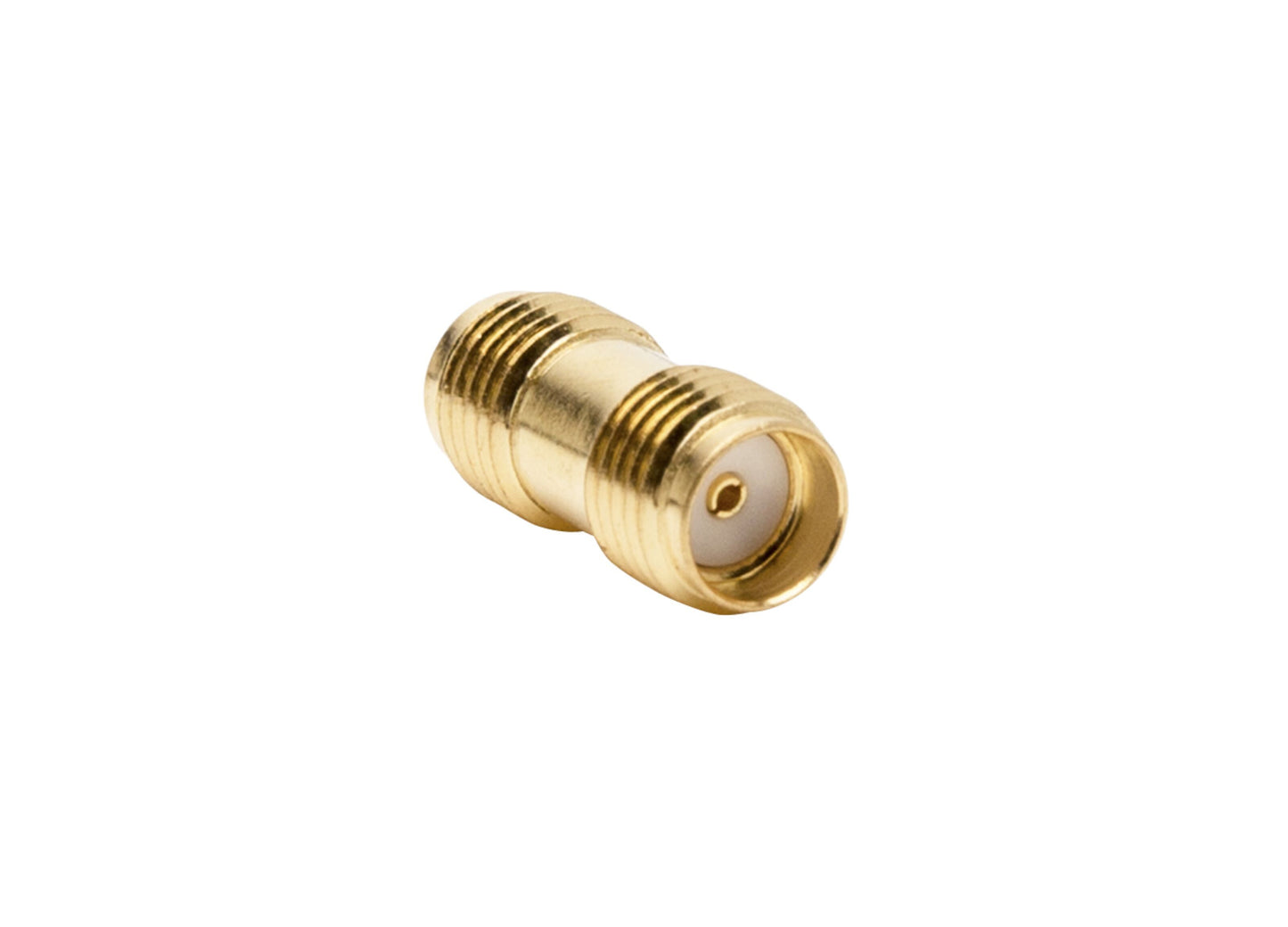 Luxorparts SMA hun-hun adapter, guld, med gevind og hvid centerisolator, til antennekabler og WLAN-udstyr.