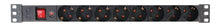1U sort PDU til rack, 8 Schuko-udtag, rødt on/off vippekontakt og trykknap reset, passer til 19" serverrack.