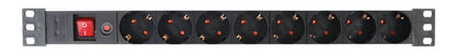 1U sort PDU til rack, 8 Schuko-udtag, rødt on/off vippekontakt og trykknap reset, passer til 19" serverrack.