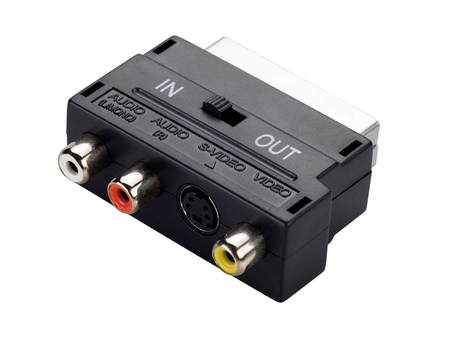 Dobbeltrettet Scart-adapter med manuel IN/OUT-switch, 3 RCA-porte (hvid/rød/gul) og 1 S-Video-port.