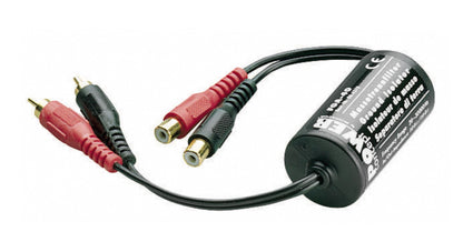 Monacor afbryderfilter RCA, cylinderformet med to par røde/sorte RCA-stik på kabler, han/hun-stik, produktinfo på siden.
