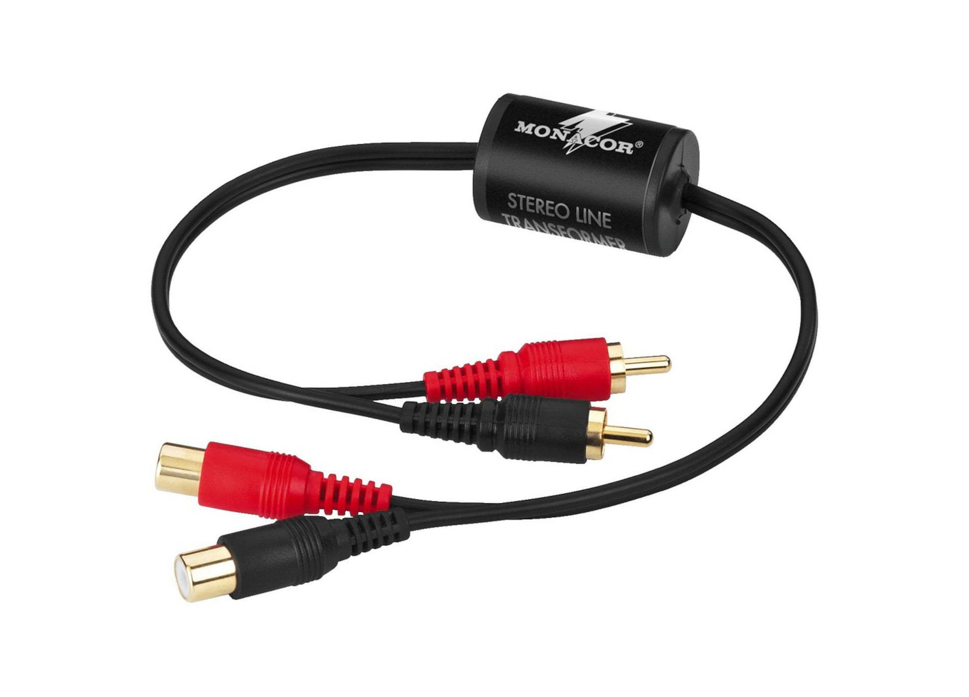 Monacor Afbryderfilter RCA stereo kabel sort, fire guldbelagte RCA-stik med to røde og to sorte stik i hver ende.