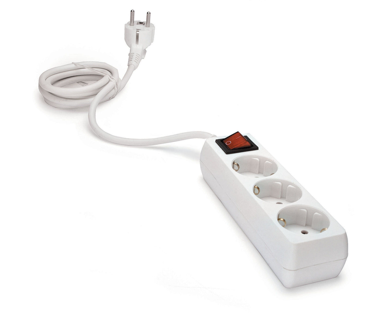 Luxorparts 3-vejs hvid stikdåse med on/off-knap, tre udtag, 1 m spiralformet ledning og tobenet stik.