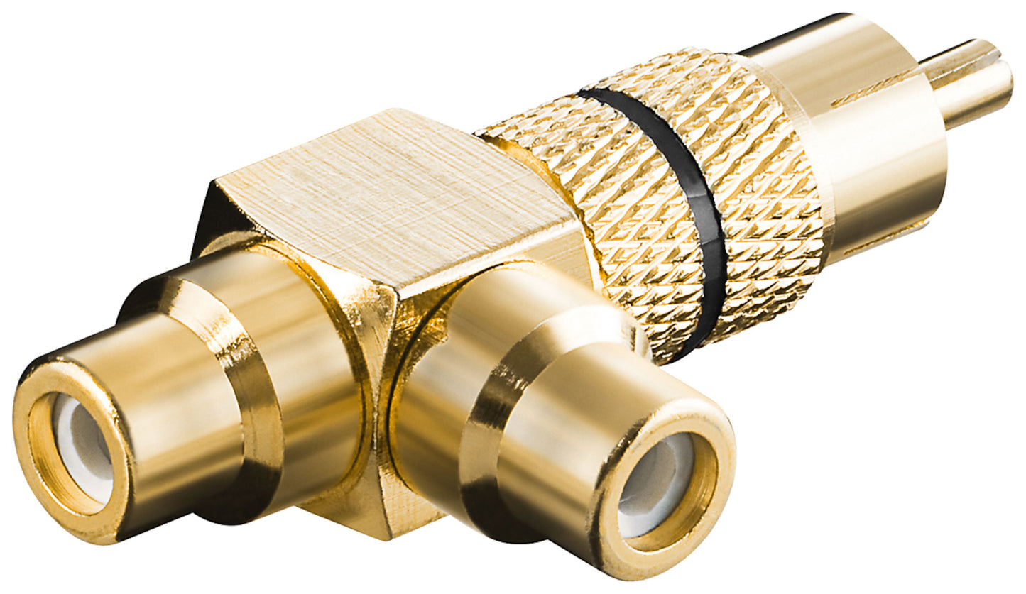 RCA-adapter med lydudgang, guldbelagt og sorteret, 1 hanstik til 2 hunstik, til opdeling af lyd eller videosignal.