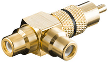 RCA-adapter med lydudgang, guldbelagt og sorteret, 1 hanstik til 2 hunstik, til opdeling af lyd eller videosignal.