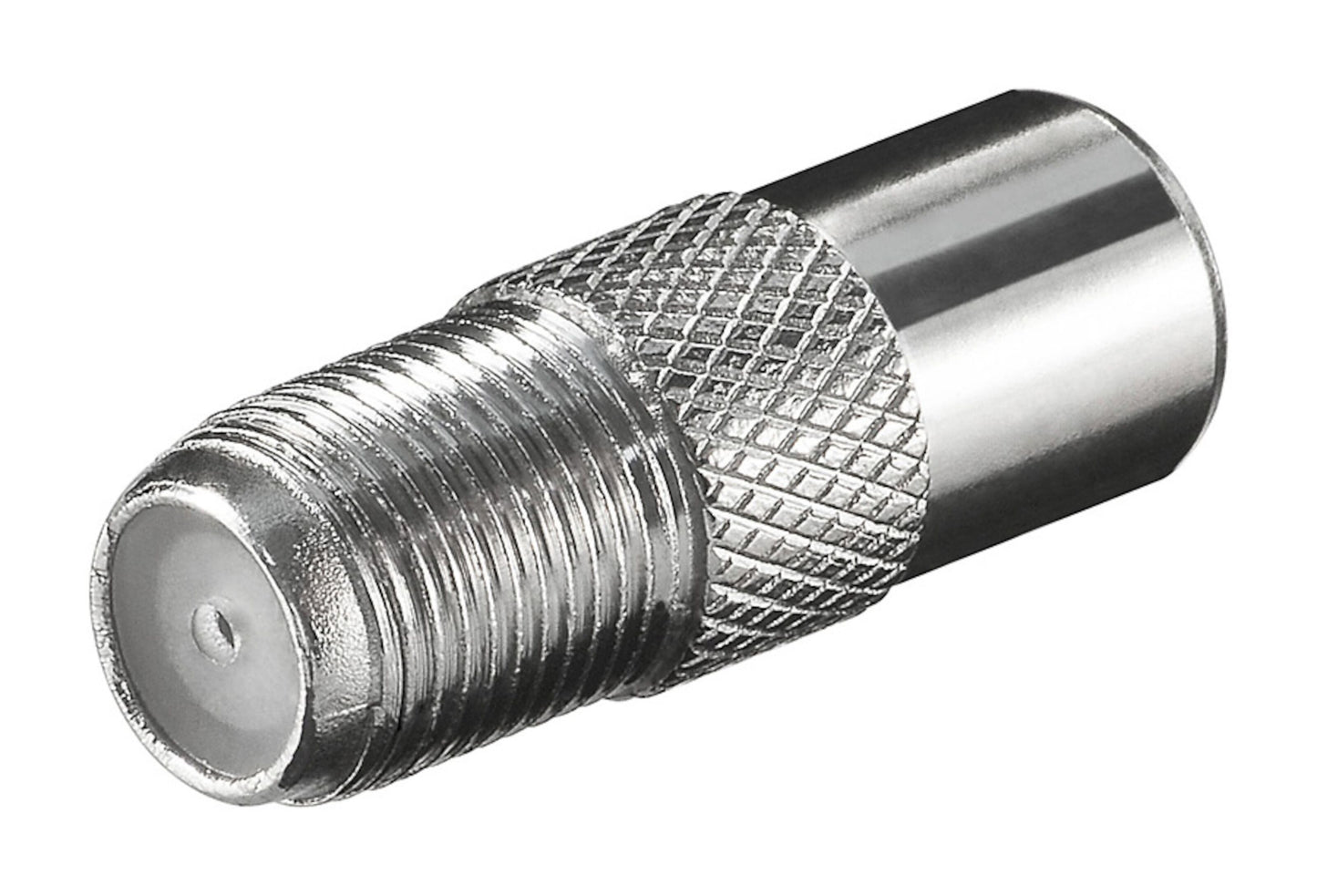 Adapter F-hun til antennehane med gevind, rillet greb og HF-tæt skærmning til koaksialkabel-forbindelse.