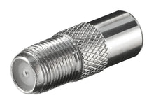 Adapter F-hun til antennehane med gevind, rillet greb og HF-tæt skærmning til koaksialkabel-forbindelse.
