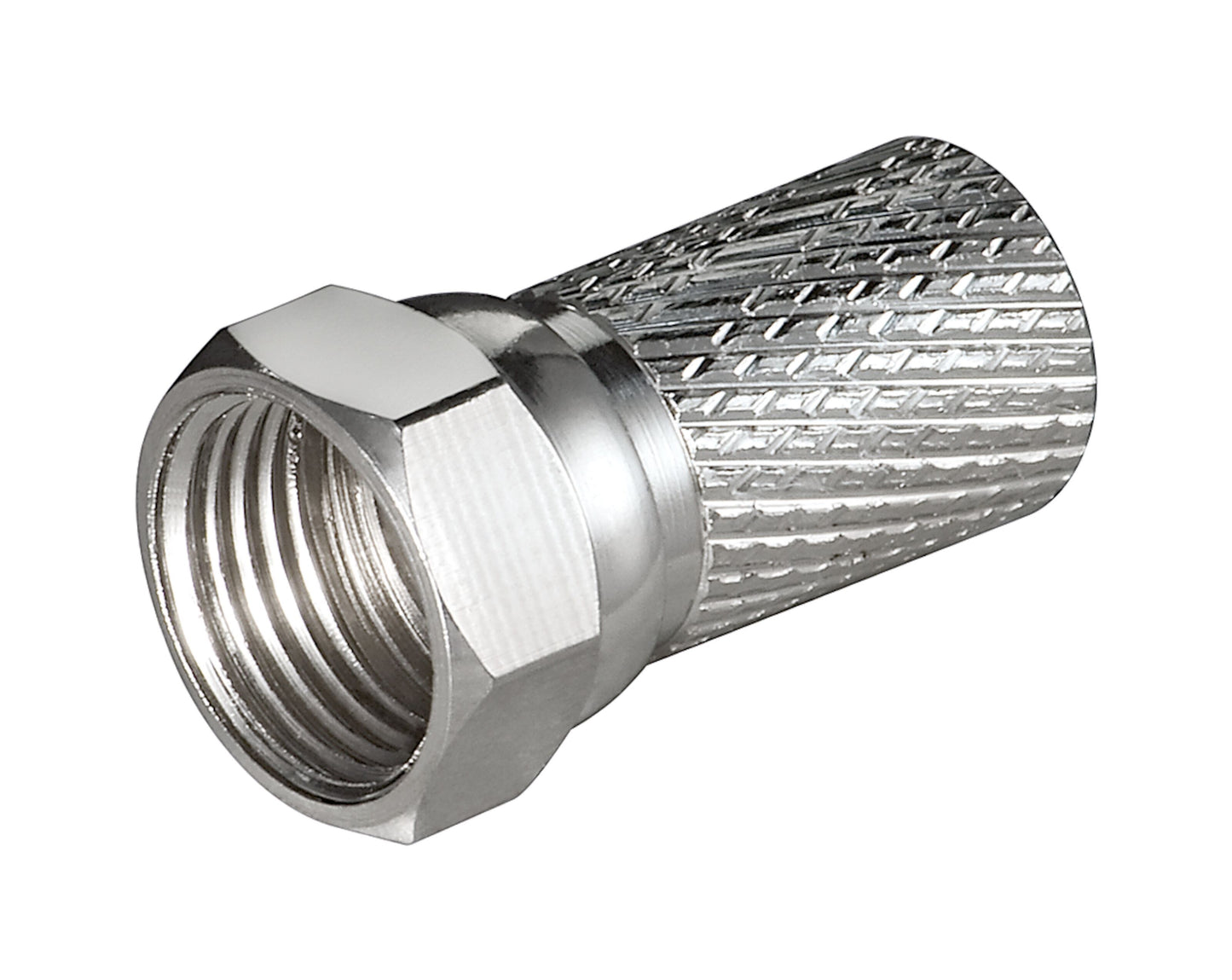 F-tilslutning Twist-on 7 mm metal koaksial stik med rillet greb, sekskantet møtrik og åbent gevind til antennekabel.