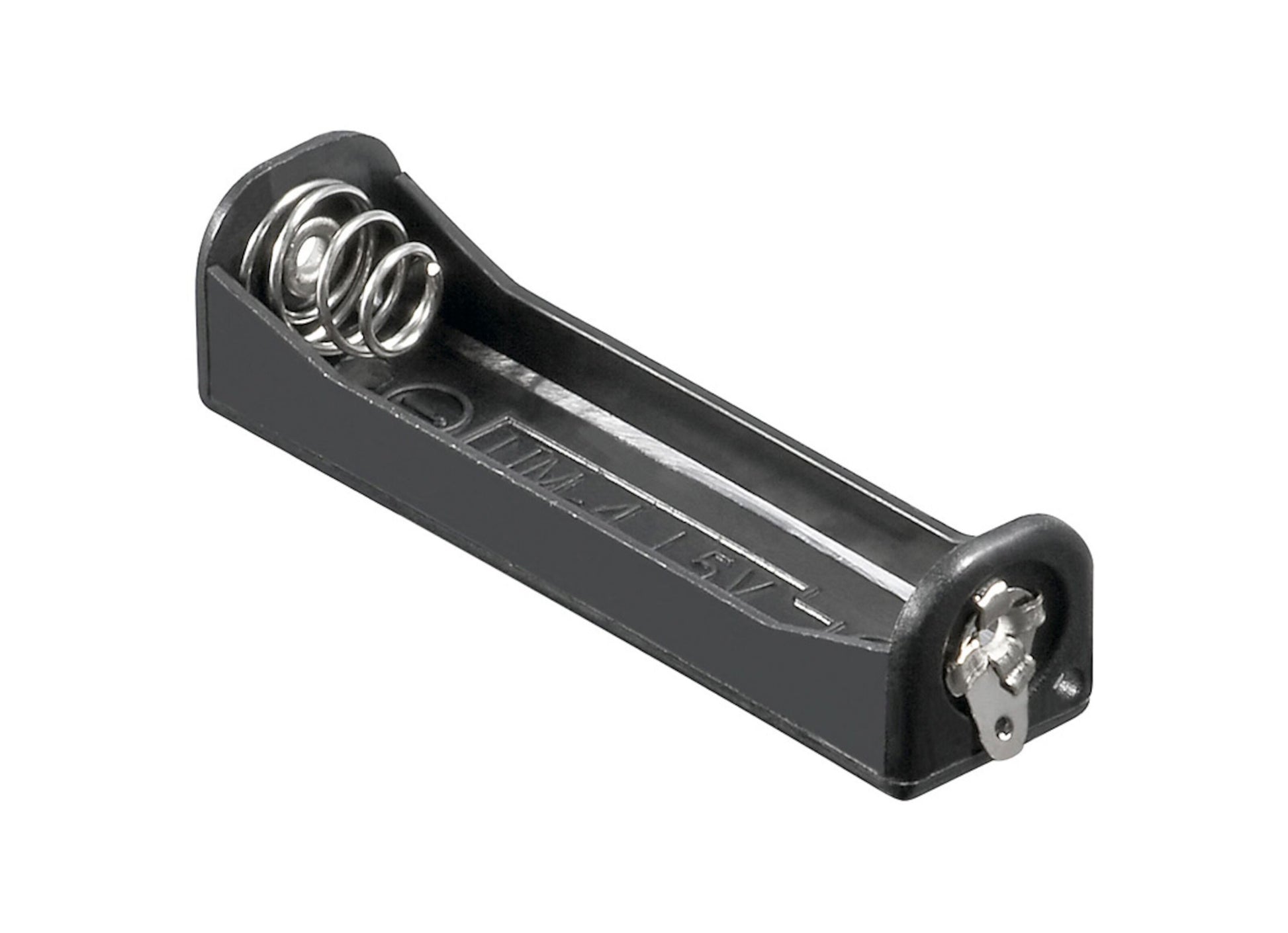 Batteriholder til AAA i sort plast med metal fjeder- og fladkontakt.