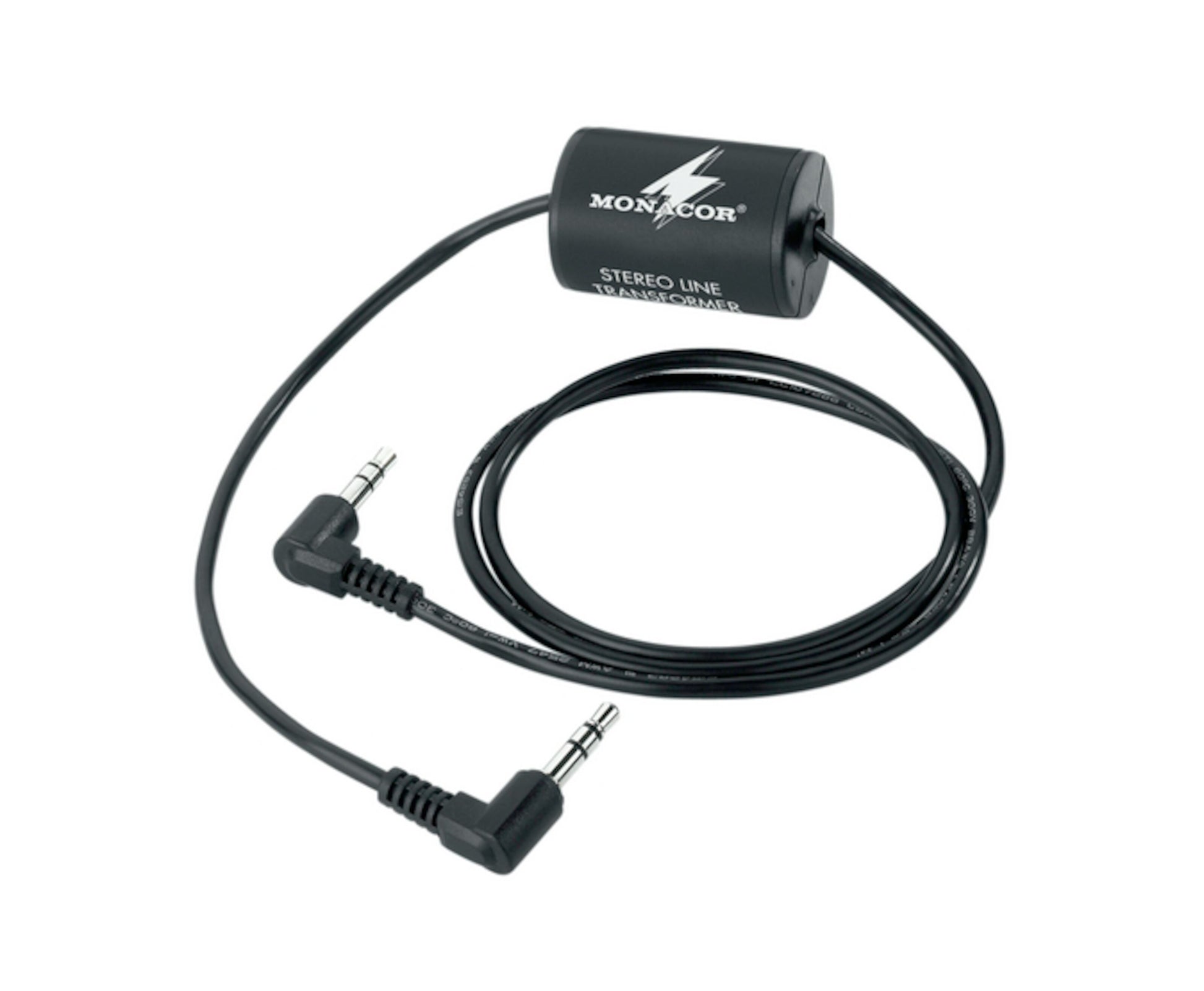 Monacor Afstøjerfilter 3,5 mm stereo line transformer sort, cylinderformet med to sorte vinklede 3,5 mm stik og kabel.