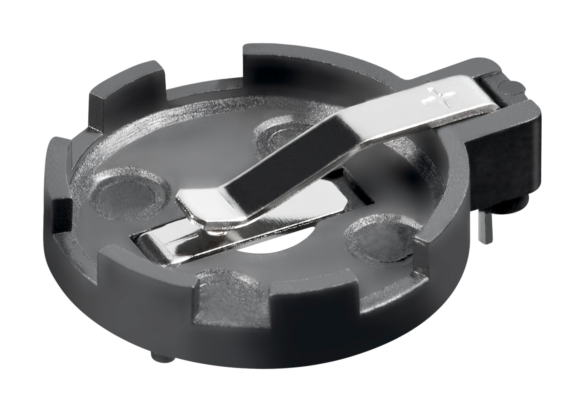 Luxorparts CR2032 batteriholder sort, rund med metalclips, tre forhøjninger og to metalben til montering på kredsløbskort.