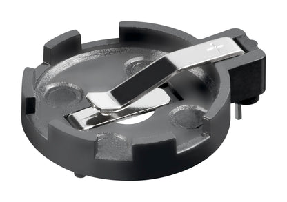 Luxorparts CR2032 batteriholder sort, rund med metalclips, tre forhøjninger og to metalben til montering på kredsløbskort.