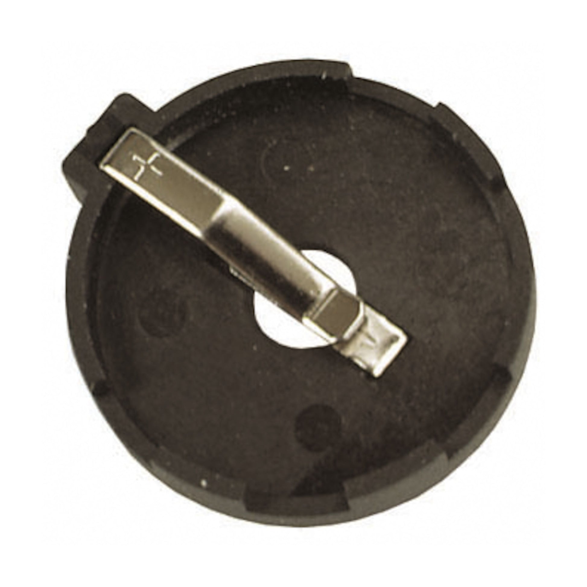 Luxorparts batteriholder til CR2032, rund sort plast med central metalclip til knapcellebatteri på kredsløbskort.