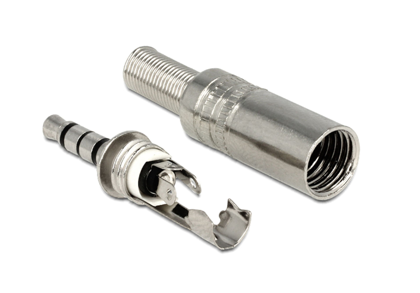 3,5 mm metal Han 4-polet stik adskilt med ydre kapsling og indre forbindelsesdele synlige.