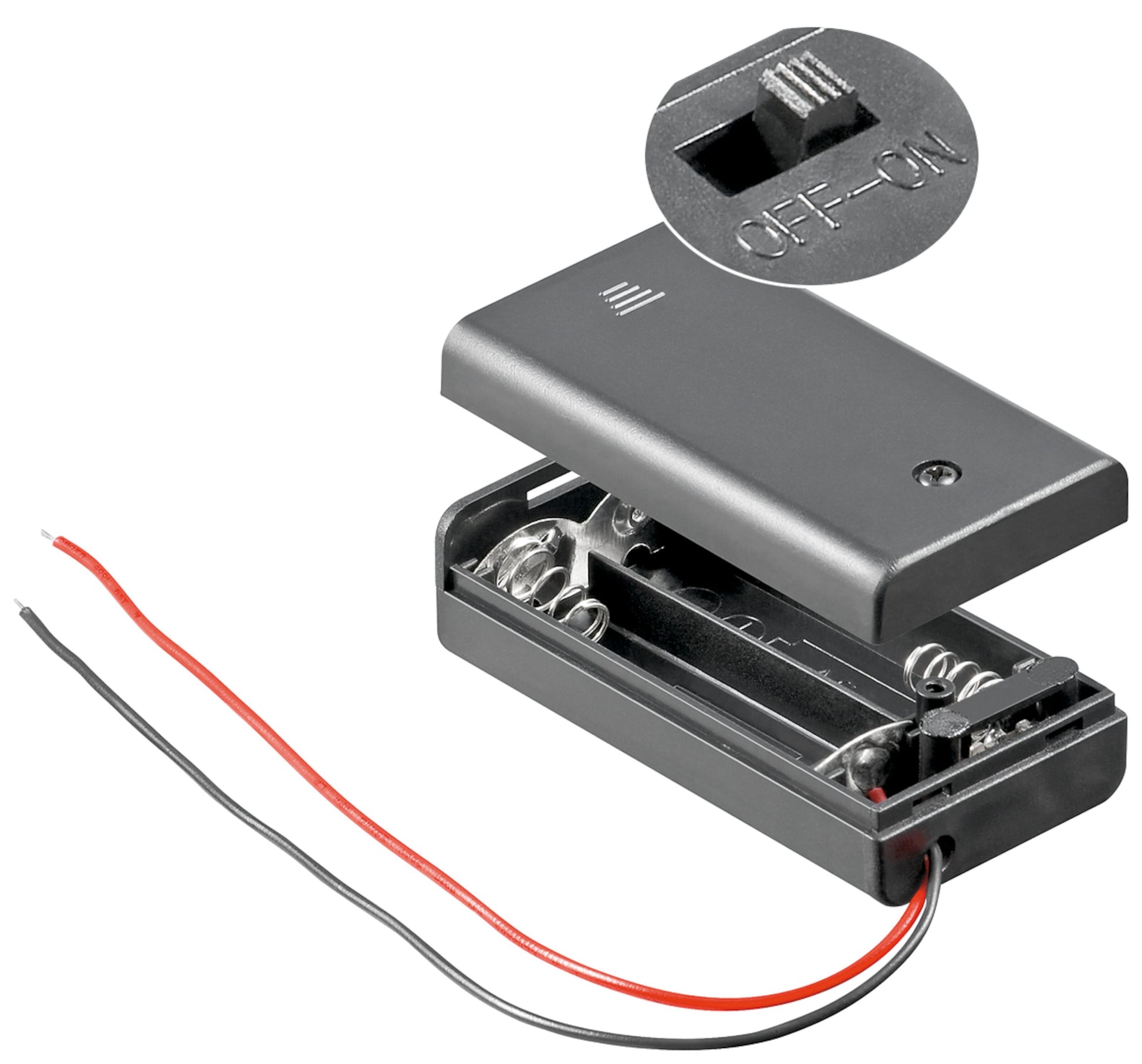 Batteriholder til 2x AA med åbent låg, rød/sort ledning og ON/OFF-kontakt på låget.