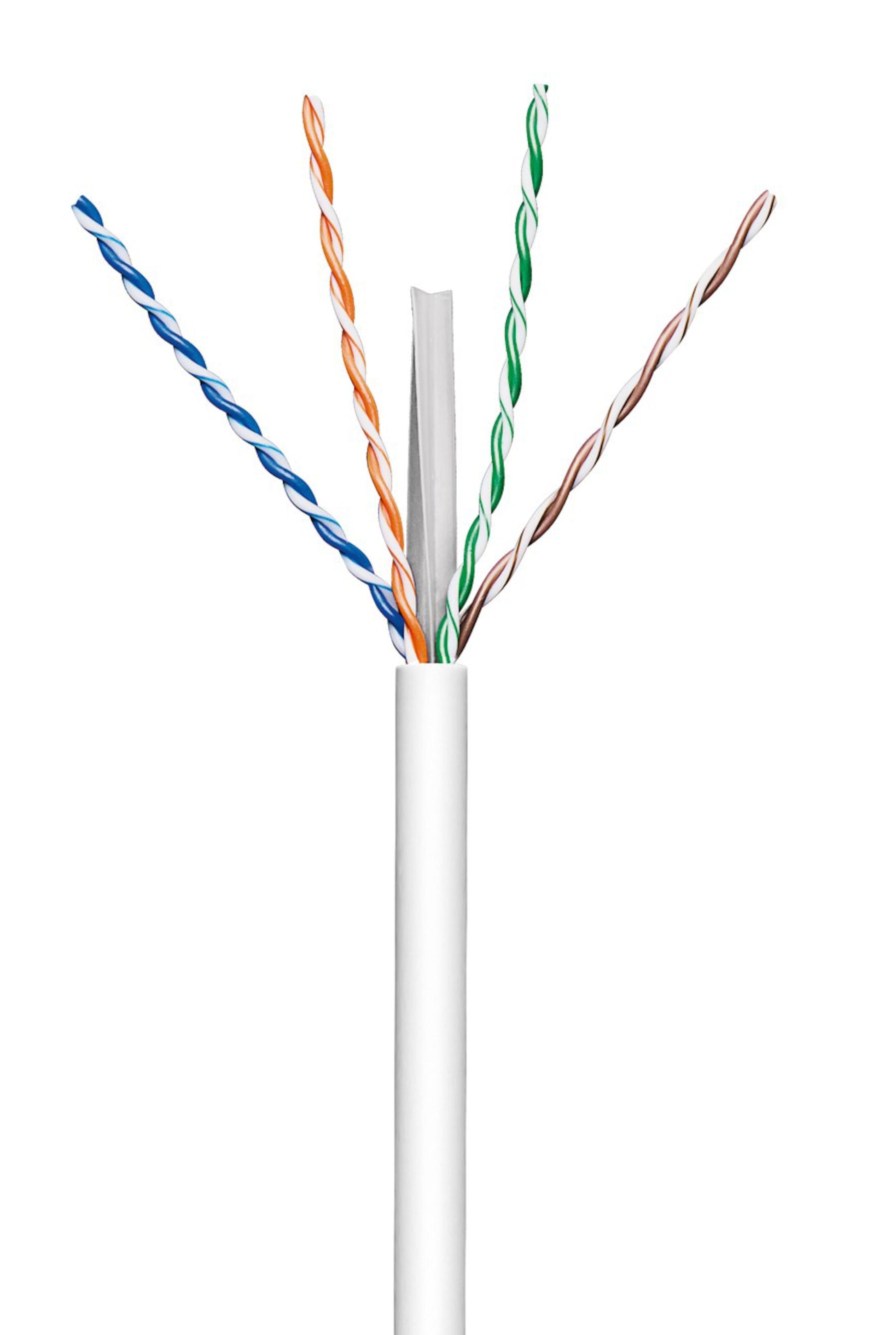 Cat.6 solid CCA UTP-netværkskabel, fire snoede par blå, orange, grøn, brun ledning, kappe fjernet.
