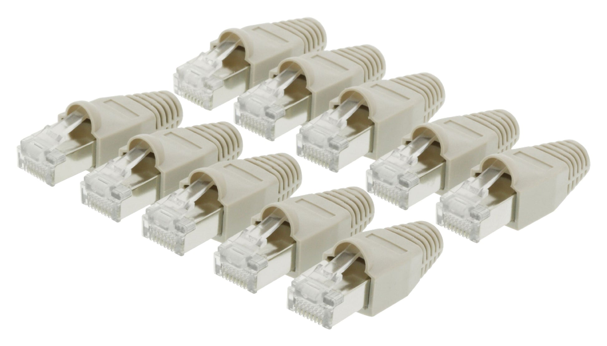 STP-modulkontakt RJ45 Cat.6 beige med bøjebeskyttelse, pakke á 10 stk., to rækker, til skærmede Ethernet-forbindelser.