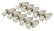 STP-modulkontakt RJ45 Cat.6 beige med bøjebeskyttelse, pakke á 10 stk., to rækker, til skærmede Ethernet-forbindelser.