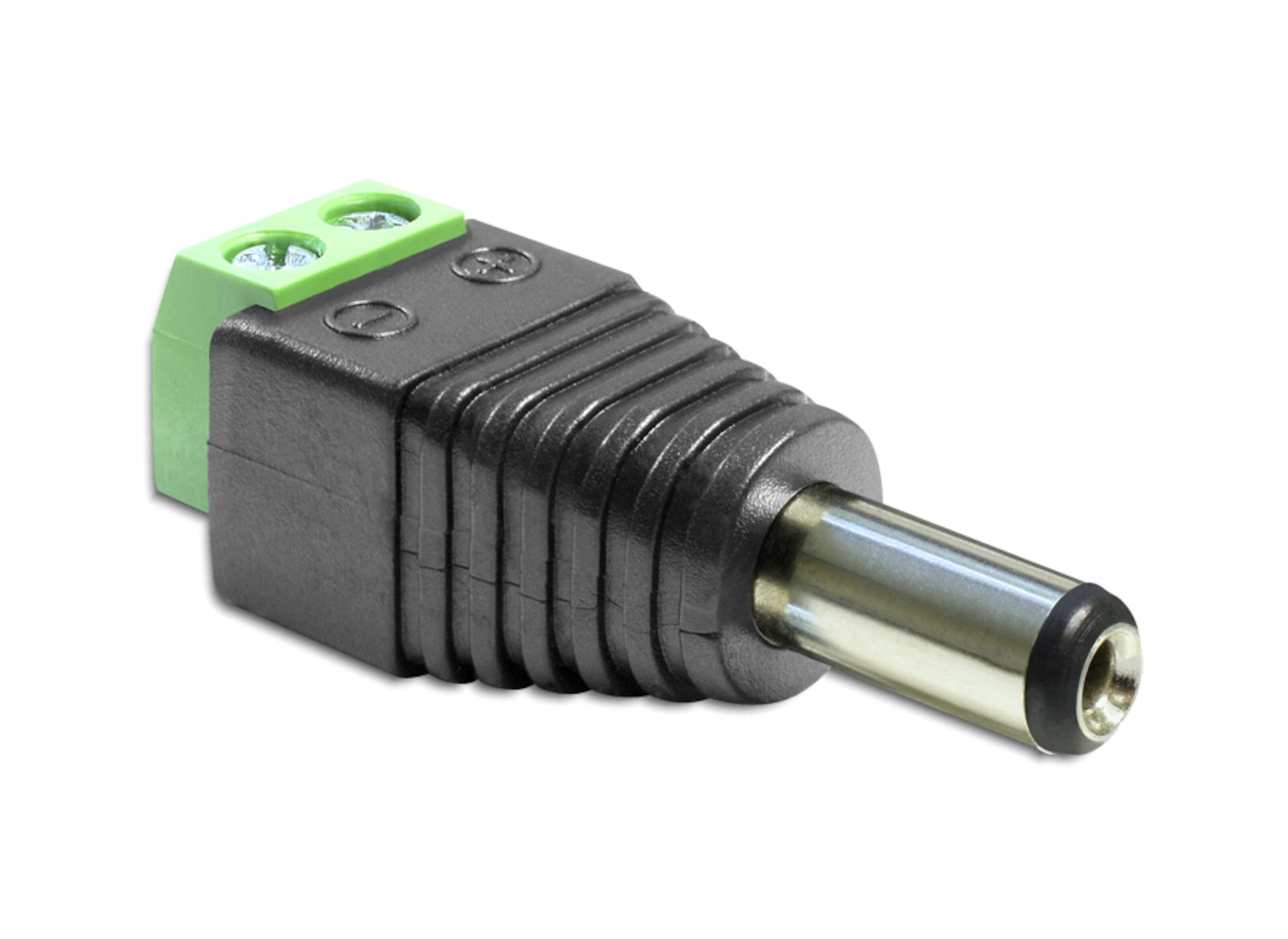 Terminalblok med DC-stik 5,5x2,1 mm sort/grøn adapter metalfatning skrueklemmer til ledningstilslutning.