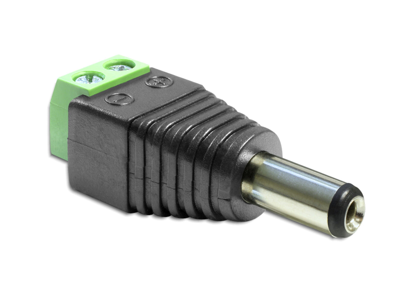 Terminalblok med DC-stik 5,5x2,5 mm sort/grøn adapter med skrueklemmer til ledning og hun barrel jack connector.