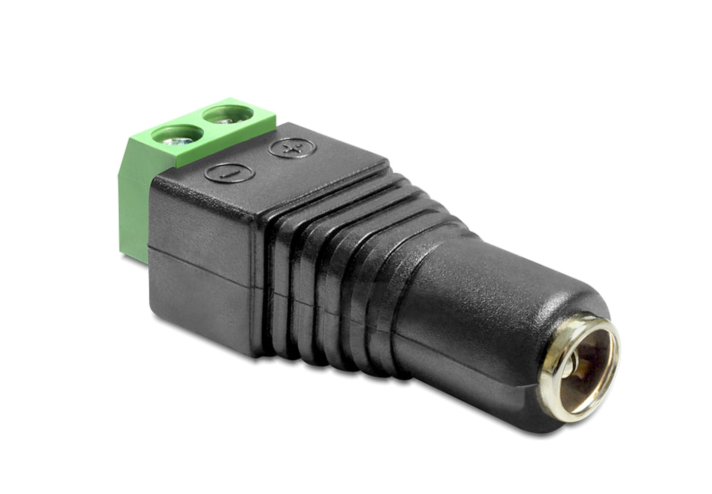 Terminalblok med DC-hunstik 5,5x2,1 mm sort/grøn adapter DC female jack i den ene ende 2-pin skrueklemme i den anden.