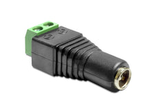 Terminalblok med DC-hunstik 5,5x2,1 mm sort/grøn adapter DC female jack i den ene ende 2-pin skrueklemme i den anden.