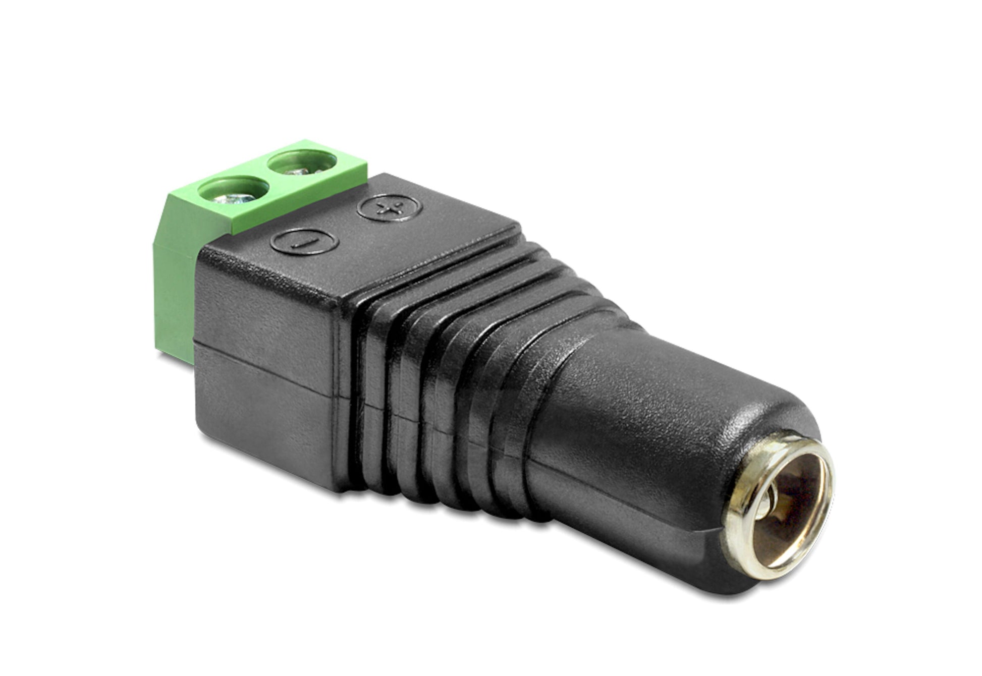 Terminalblok med DC-hunstik 5,5x2,5 mm, to-skrueterminal i den ene ende og DC-stik til ledning/strømforsyning.