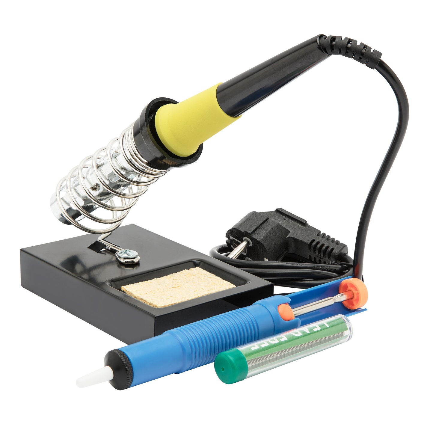 Luxorparts loddekolbesæt 30 W gul loddekolbe m metalholder, sort ledning, blå/hvid tinsuger, tube loddetraad.