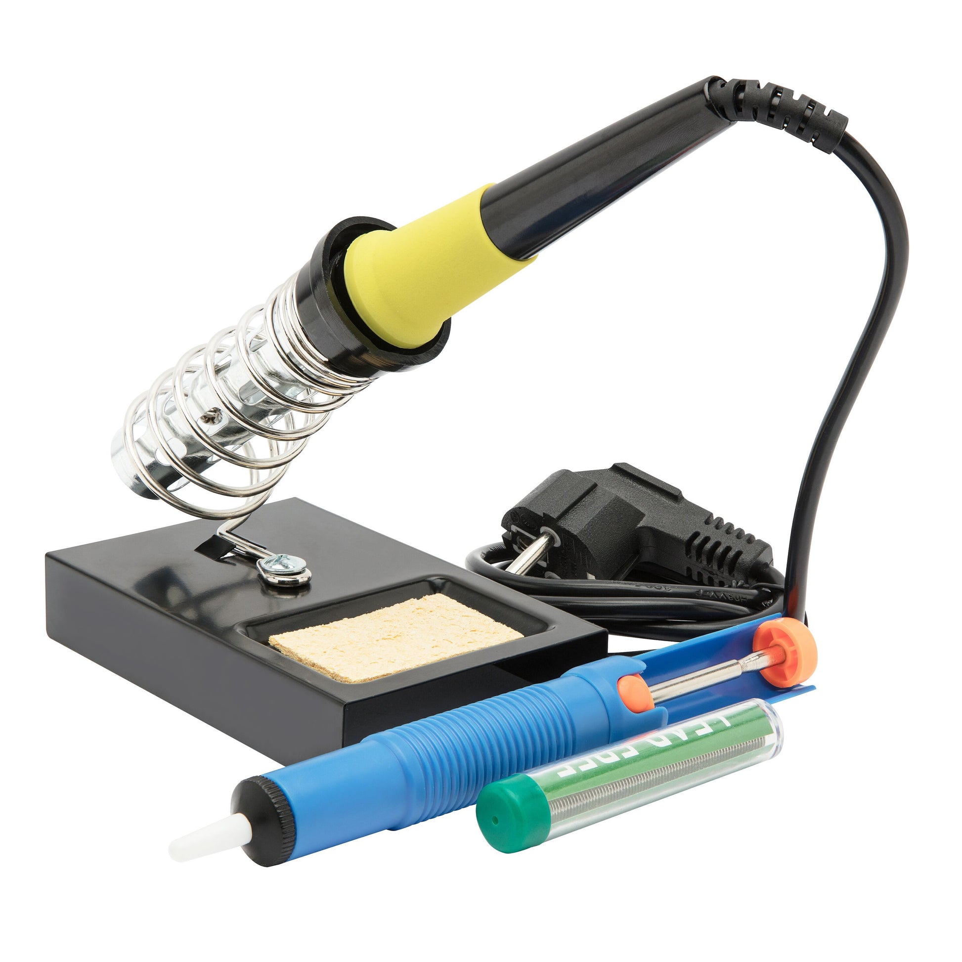 Luxorparts loddekolbesæt 30 W gul loddekolbe m metalholder, sort ledning, blå/hvid tinsuger, tube loddetraad.