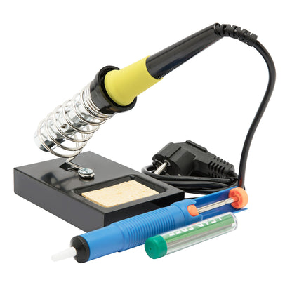 Luxorparts loddekolbesæt 30 W gul loddekolbe m metalholder, sort ledning, blå/hvid tinsuger, tube loddetraad.