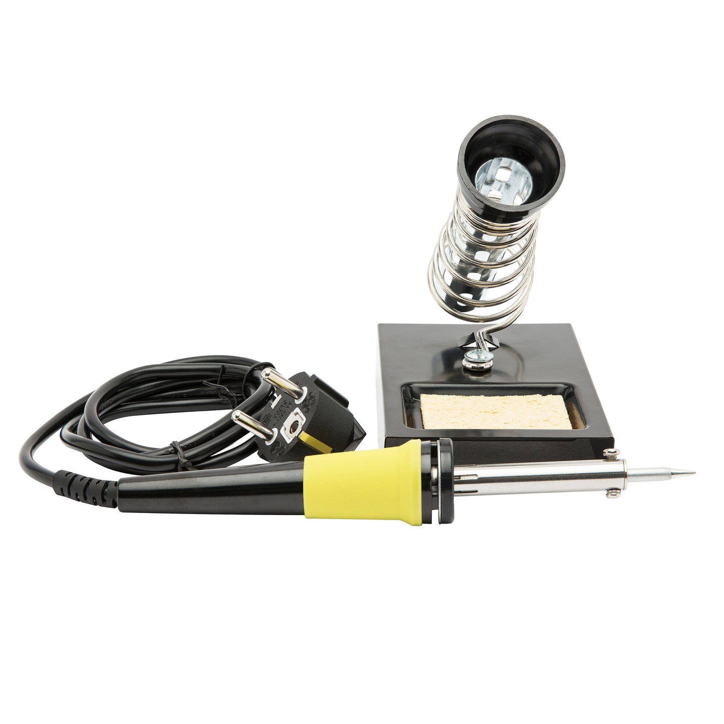 Luxorparts loddekolbesæt 30 W gul håndtag, sort ledning med tobenet stik, metalholder med spiralfod og svamp.