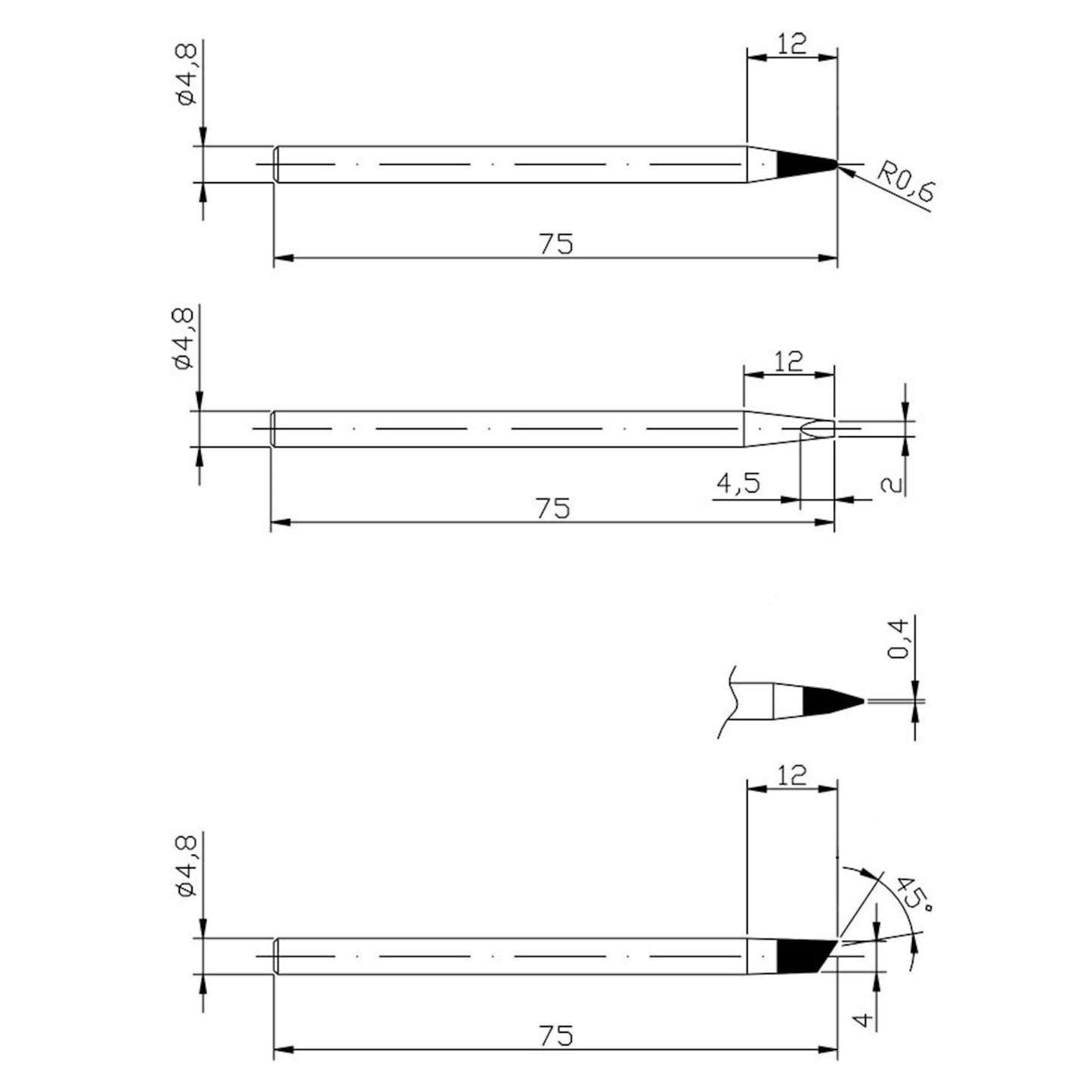 Dibotech Ekstra loddespidser 3-pak til 40172/40060, penformet, tre sidevinkler, 75 mm lang, 4,8 mm diameter, tipdetaljer.