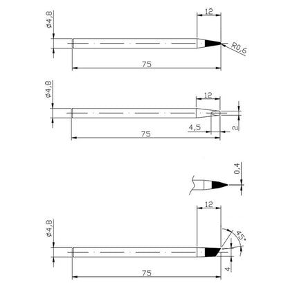 Dibotech Ekstra loddespidser 3-pak til 40172/40060, penformet, tre sidevinkler, 75 mm lang, 4,8 mm diameter, tipdetaljer.